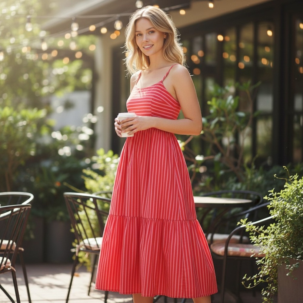 NEW Japna Womens L Red Pink Striped 100% Cotton Maxi Dress Pockets Coastal Prp